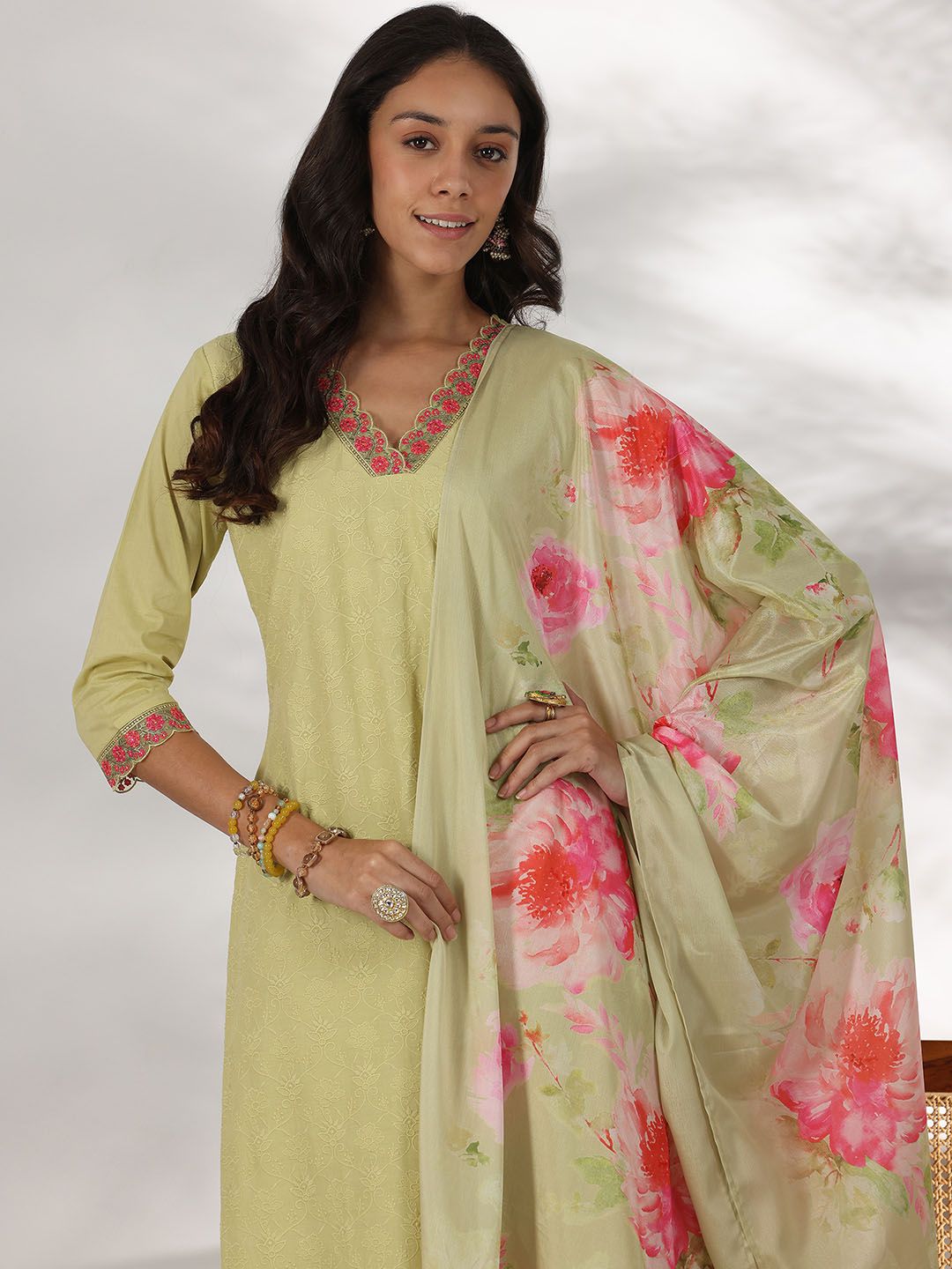 Libas Floral Embroidered Thread Work Pure Cotton Straight Kurta With Palazzos & Dupatta