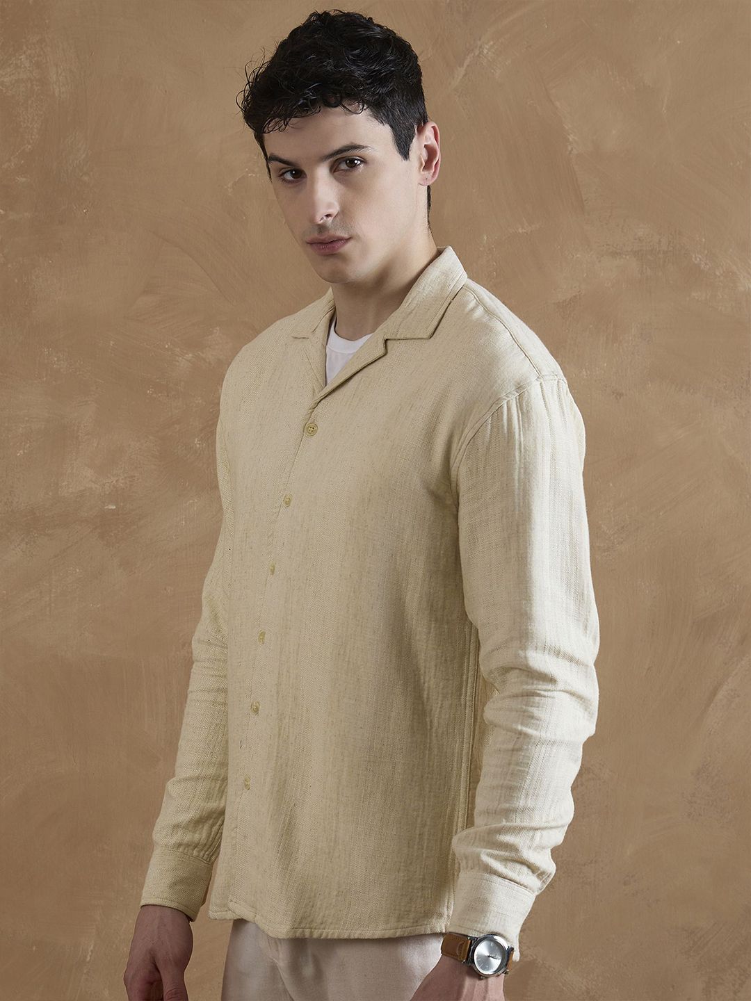 DENNISON Beige Double Gauge Self Design Shirt