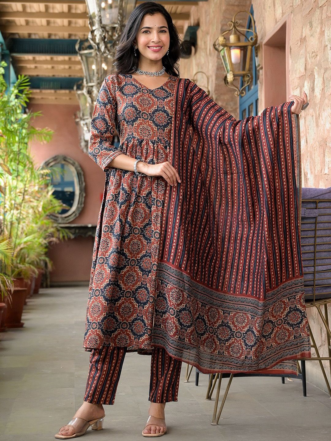 KALINI Ethnic Motifs Printed V-Neck Thread Work A-Line Kurta With Trousers & Dupatta