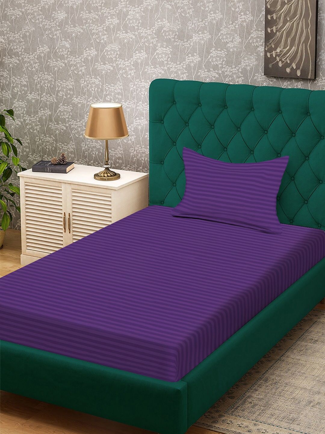 KLOTTHE Purple Striped 300 TC Single Bedsheet With 1 Pillow Covers