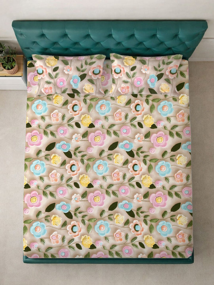 KLOTTHE Beige & Pink Floral Printed Fitted 300 TC King 7D Bedsheet With 2 Pillow Cover