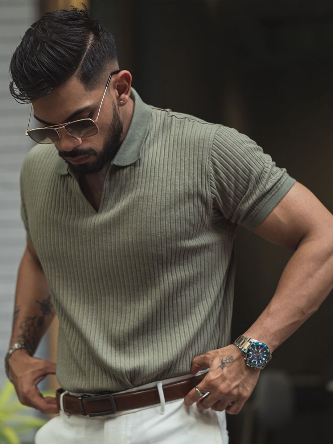 Powerlook Men Self Design Polo Collar Cotton T-shirt