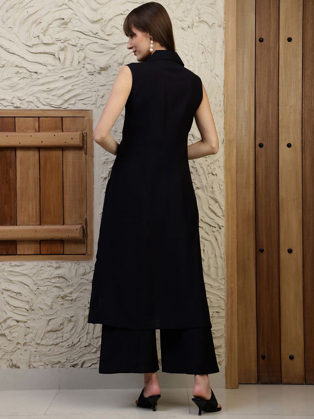 KALINI Solid V-Neck A-Line Kurta With Palazzos