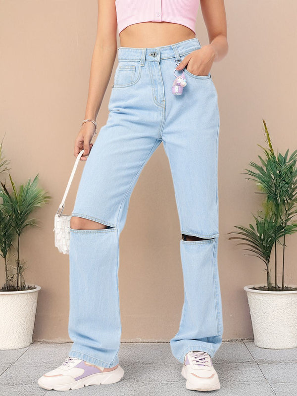 DressBerry Women Slash-Knee Edge Straight Fit Pure Cotton Jeans