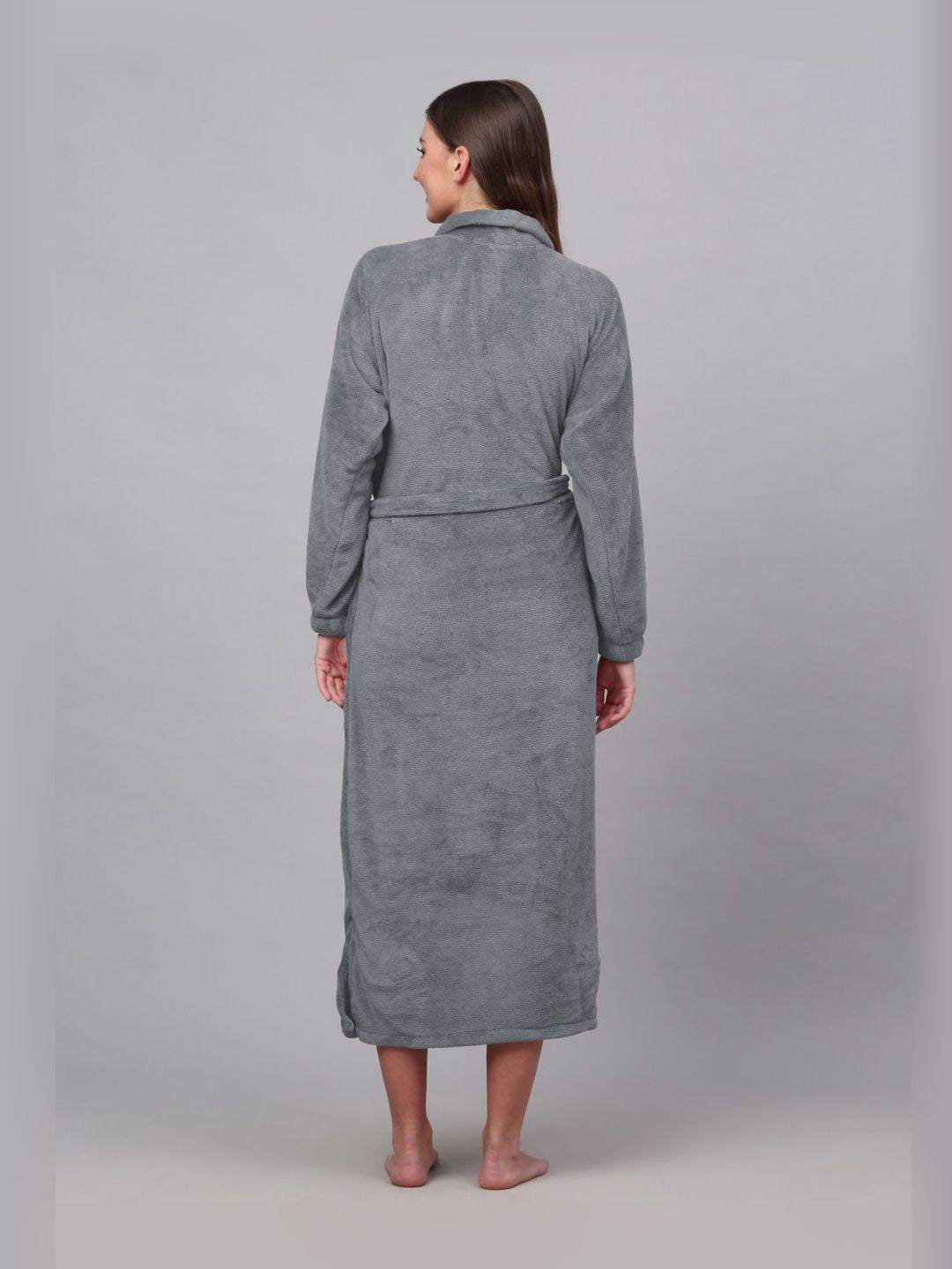 KLOTTHE Grey Shirt Collar Woolen Bath Robe With Belt