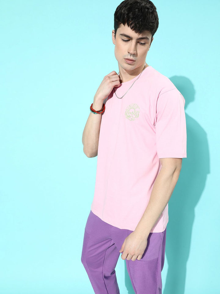 Difference of Opinion Men Pink & Green Typography Printed Pure Cotton Oversized T-shirt