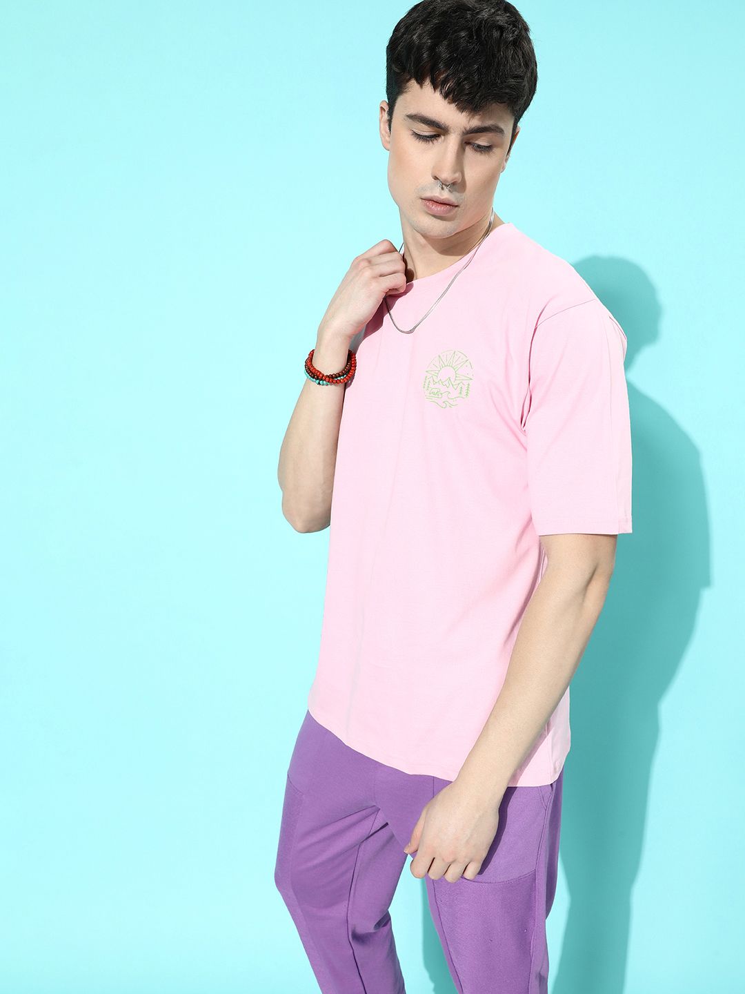 Difference of Opinion Men Pink & Green Typography Printed Pure Cotton Oversized T-shirt