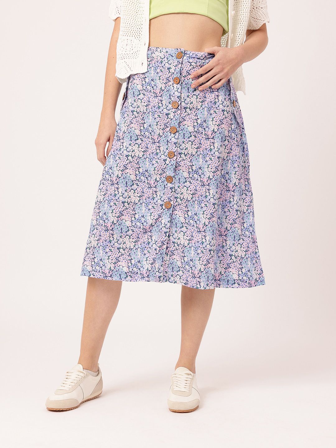 DressBerry Women Holiday Elegant Bloom Floral Print A-Line Midi Skirt