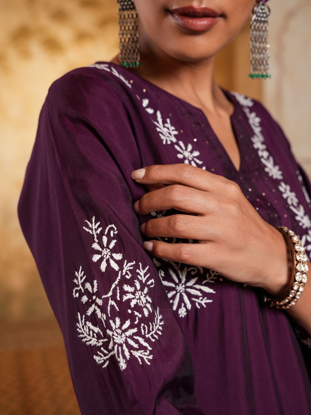 House of Chikankari Women Dark Purple Chanderi Chikankari Embroidered Kurta