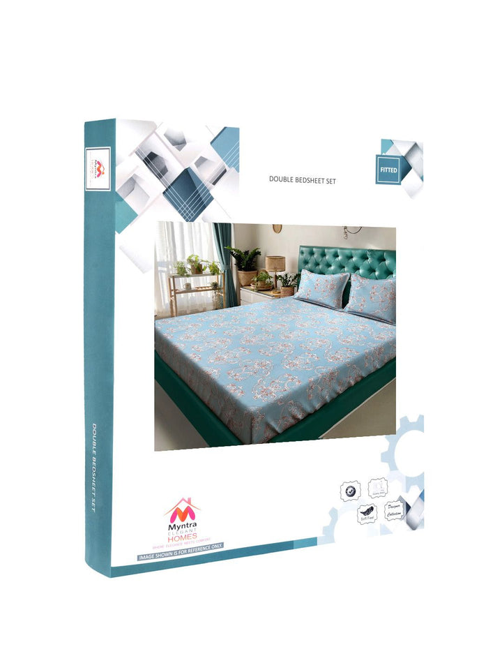 Myntra Elegant Homes Blue Ethnic Motifs 300 TC Fitted Double King Bedsheet Set-2.5mX2.25m