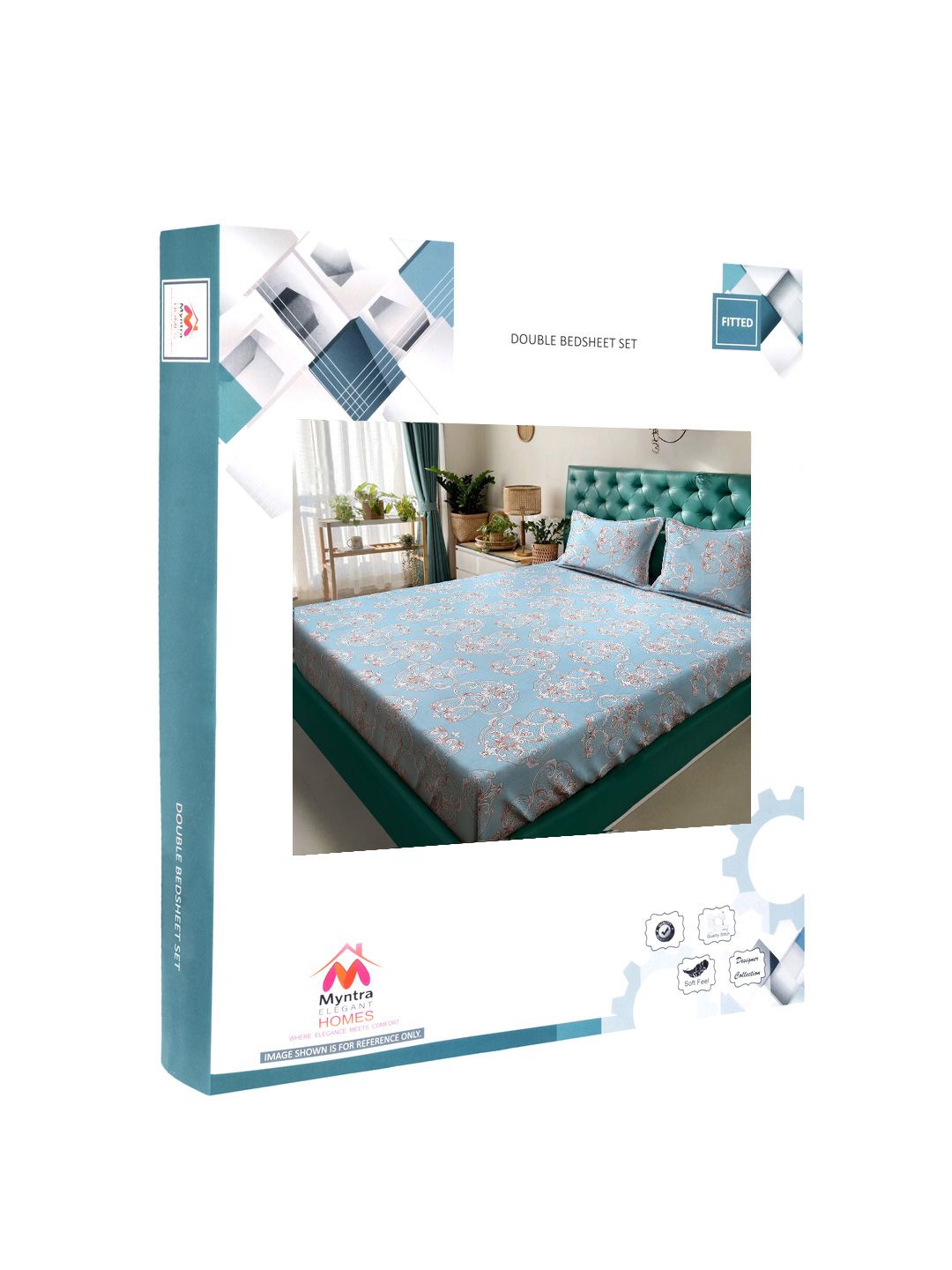 Myntra Elegant Homes Blue Ethnic Motifs 300 TC Fitted Double King Bedsheet Set-2.5mX2.25m
