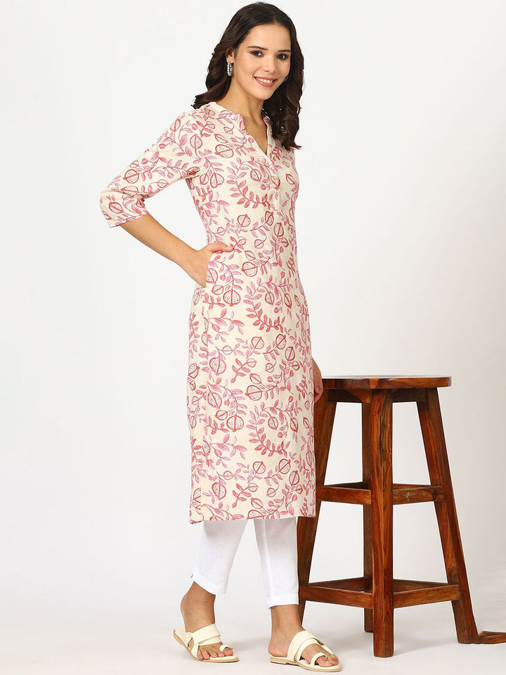 W Beige Floral Printed Mandarin Collar Three-Quarter Sleeves Regular Straight Kurta