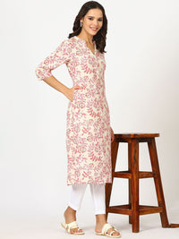 W Beige Floral Printed Mandarin Collar Three-Quarter Sleeves Regular Straight Kurta
