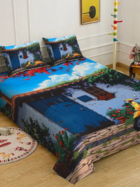 KLOTTHE Blue Abstract Printed 400 TC King 7D Bedsheet with 2 Pillow Covers