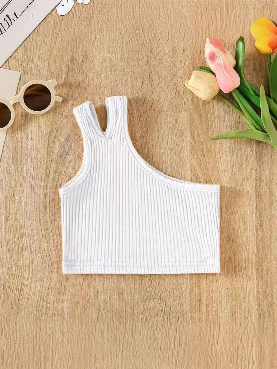 YK Girls Solid One Shoulder Sleeveless Crop Top