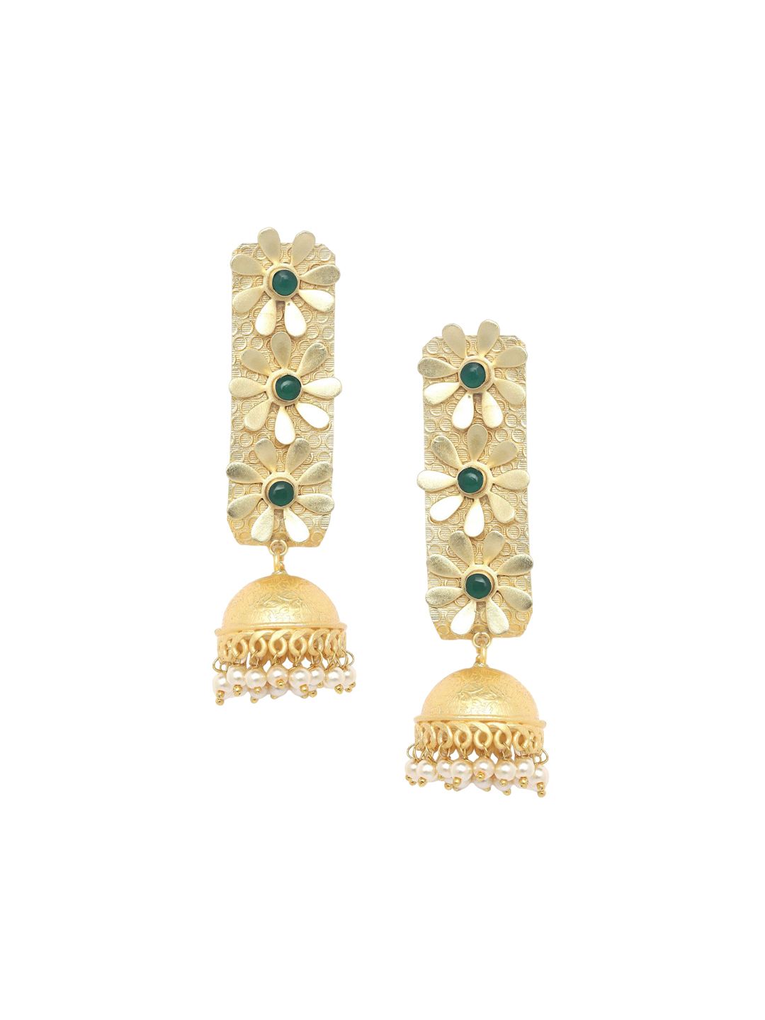 Anouk Green Gold-Plated Stone Studded & Beaded Dome Shaped Jhumkas