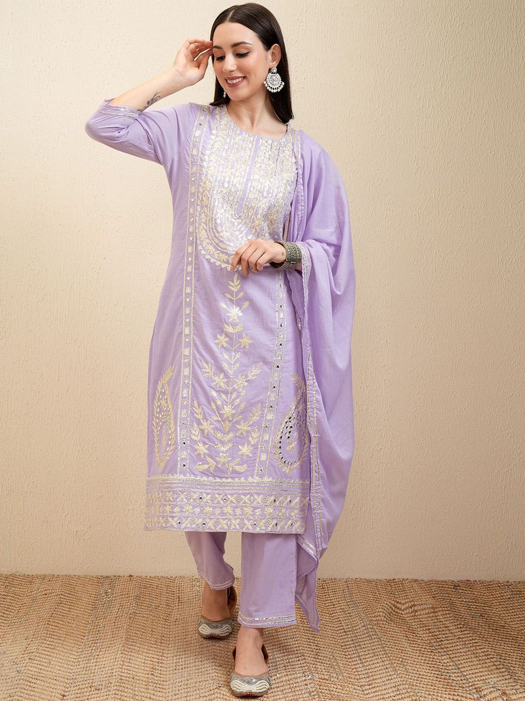 Vishudh Lavender Embroidered Pure Cotton Straight Kurta With Trousers & Dupatta
