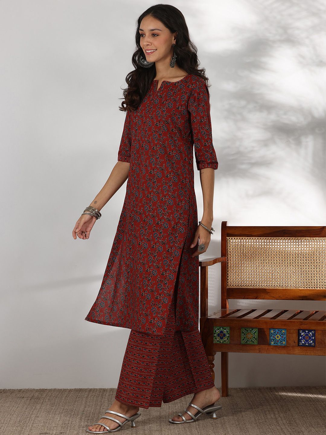 Libas Floral Printed Notch Neck Pure Cotton Straight Kurta with Palazzos & Dupatta