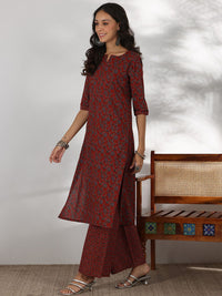 Libas Floral Printed Notch Neck Pure Cotton Straight Kurta with Palazzos & Dupatta