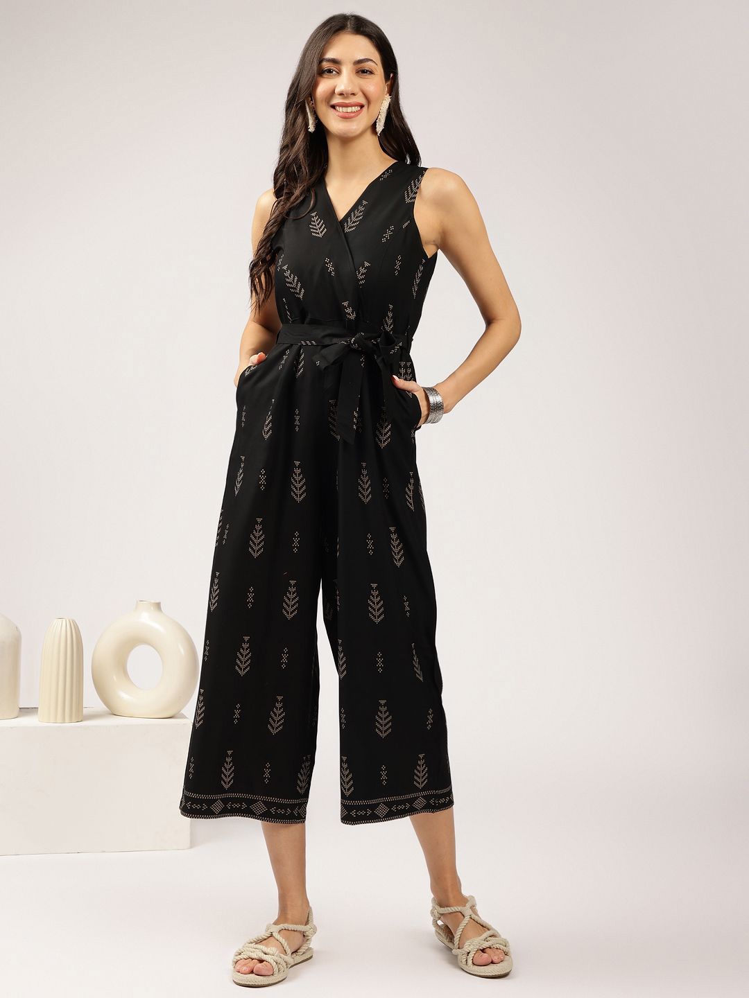 Anouk Ethnic Motifs Printed Sleeveless Waist Tie-Ups Culotte Jumpsuit