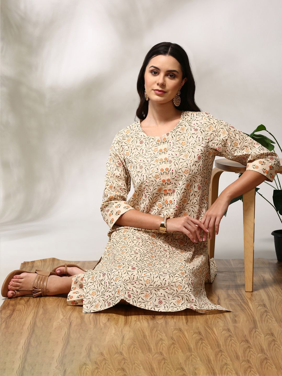 Anouk Floral Printed Regular Pure Cotton Straight Kurta with Trousers