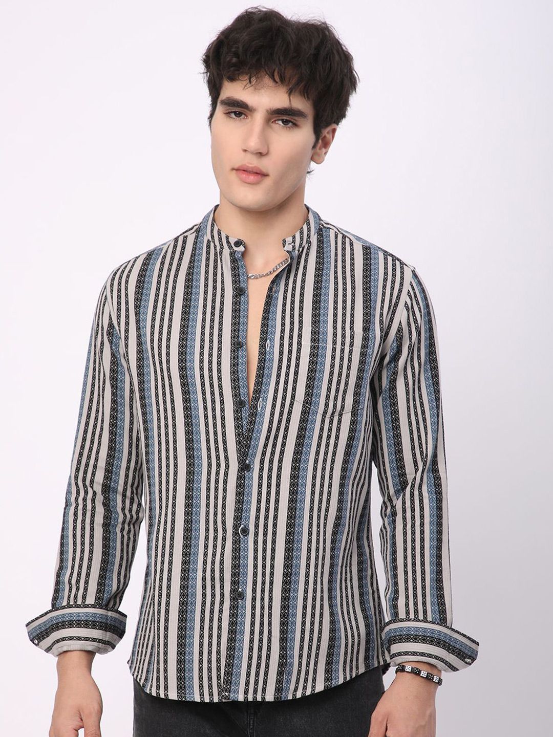 VASTRADO Men Classic Mandarin Collar Multi Striped Cotton Slim Fit Casual Shirt