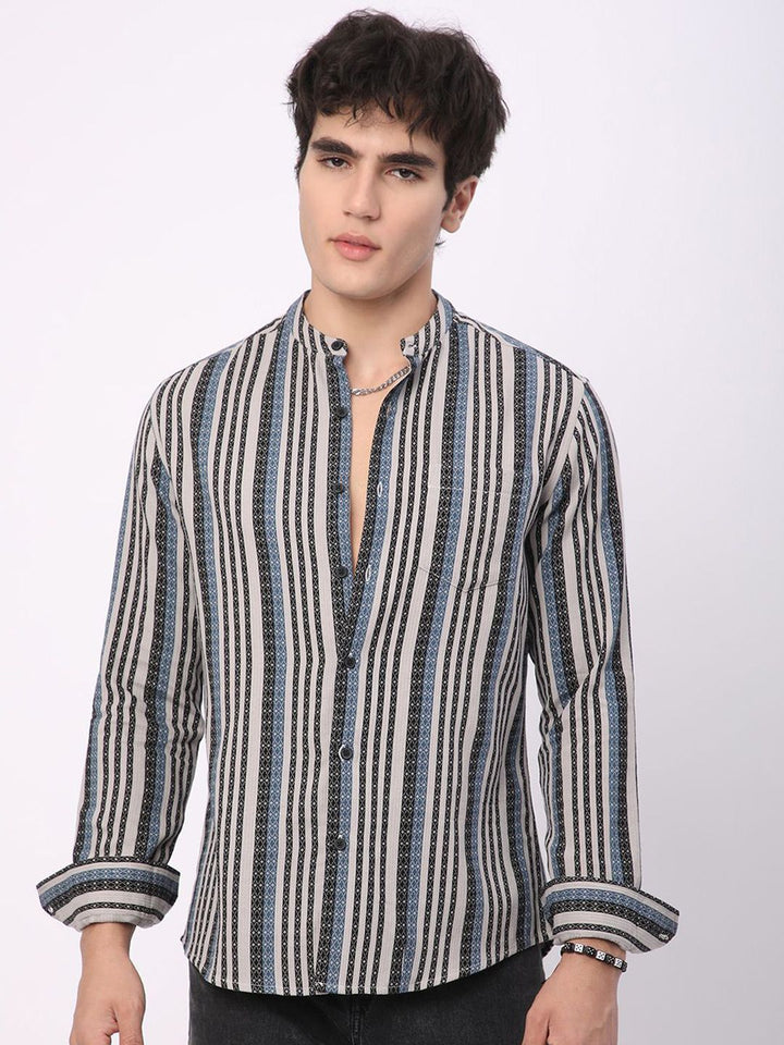 VASTRADO Men Classic Mandarin Collar Multi Striped Cotton Slim Fit Casual Shirt