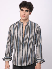 VASTRADO Men Classic Mandarin Collar Multi Striped Cotton Slim Fit Casual Shirt
