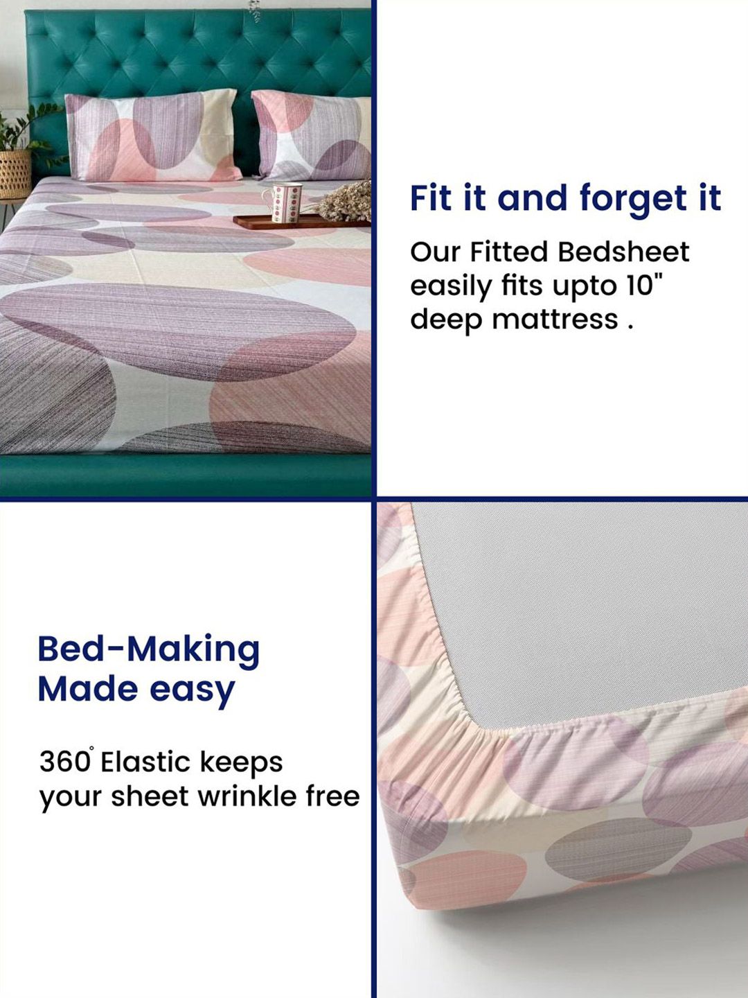 URBAN SPACE Pink & White Geometric 200 TC Queen Bedsheet with 2 Pillow Covers