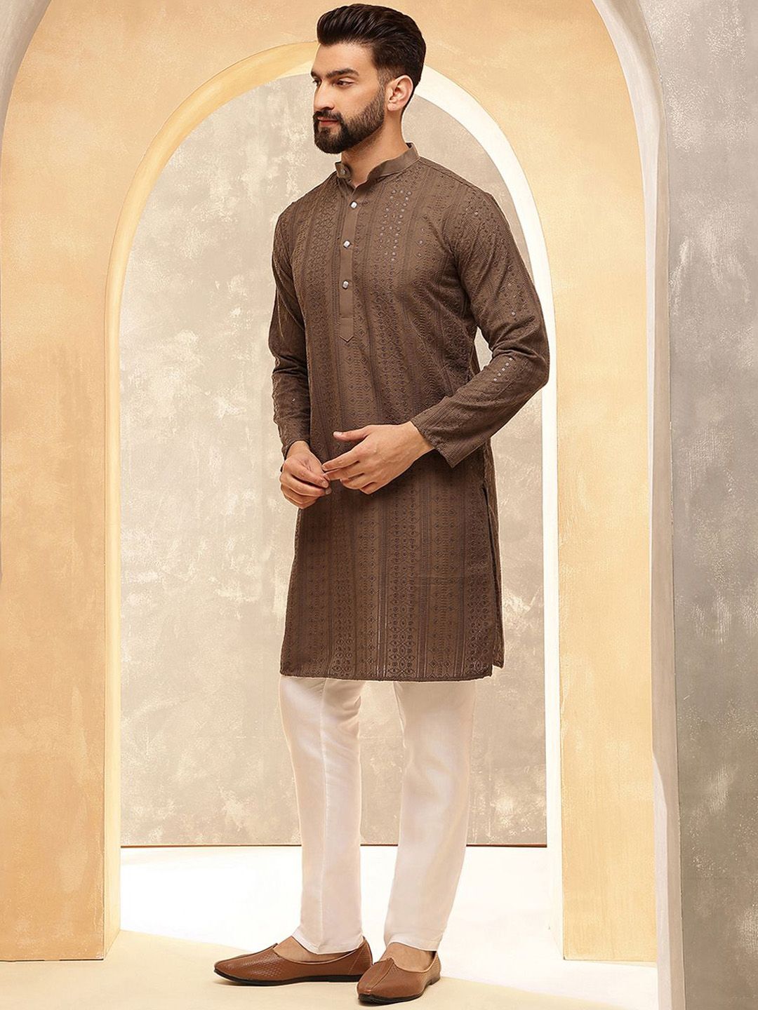 Anouk Dark Brown Embroidered Sequinned Mandarin Collar Pure Cotton Kurta With Trouser