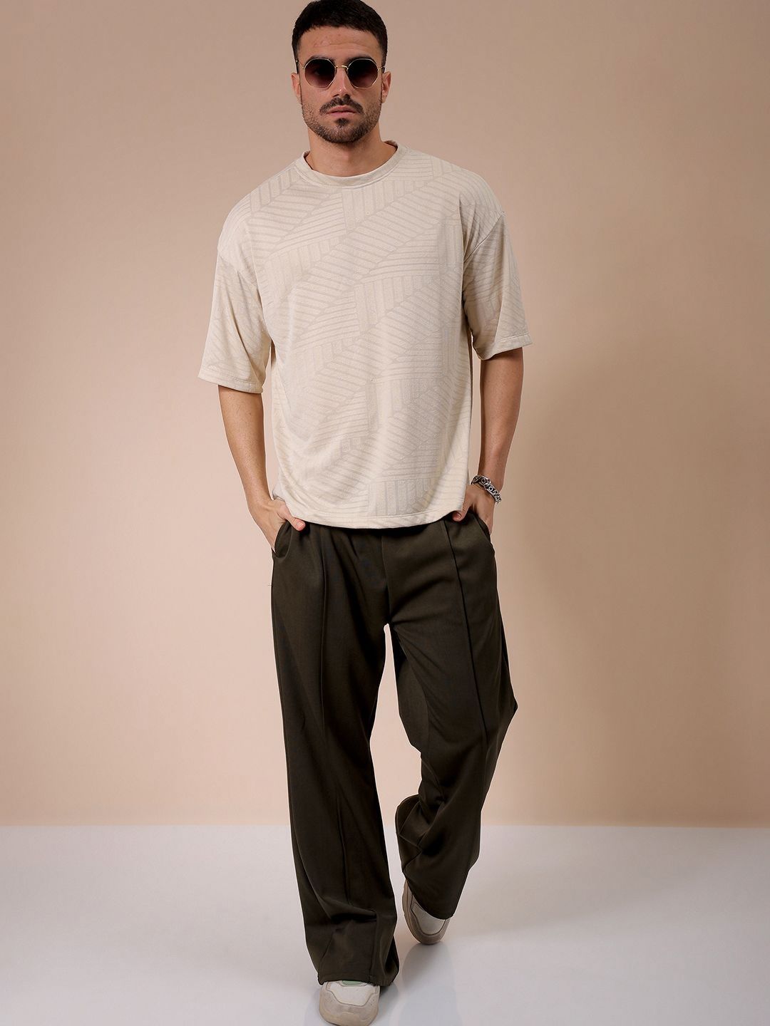 The Indian Garage Co Men Self Design Round Neck Oversized T-shirt