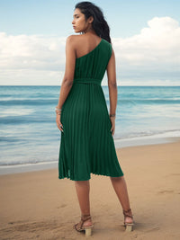 DressBerry Accordian Pleats One Shoulder A-Line Midi Dress with Belted Detail