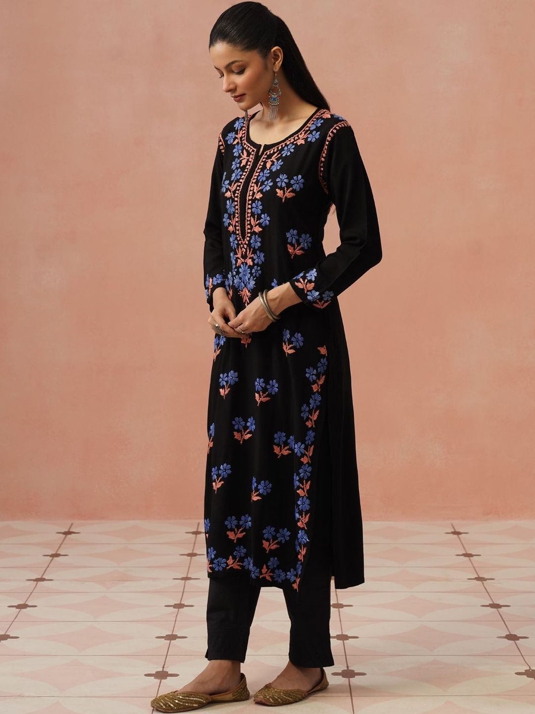 House of Chikankari Women Floral Embroidered Thread Work Indie Florals Kurta