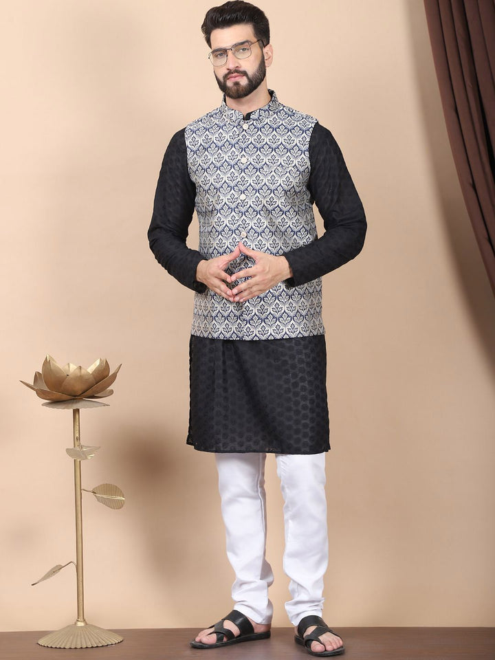 Anouk Black Floral Embroidered Thread Work Pure Cotton Kurta with Churidar & Nehru Jacket