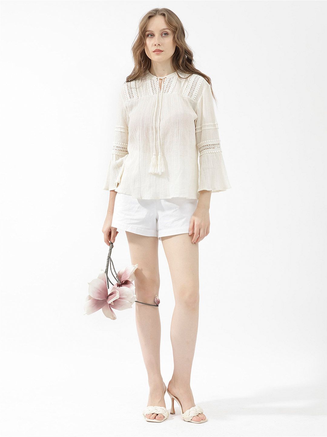 Rareism Striped Tie-Up Neck Bell Lengan Kapas Atas