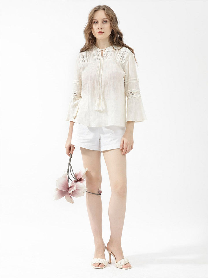 Rareism Striped Tie-Up Neck Bell Lengan Kapas Atas