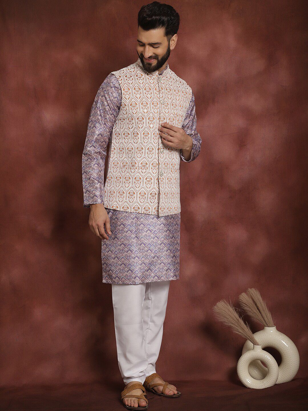 Anouk Striped Mandarin Collar Knee Length Regular Kurta with Churidar