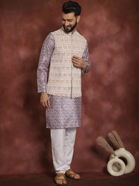 Anouk Striped Mandarin Collar Knee Length Regular Kurta with Churidar