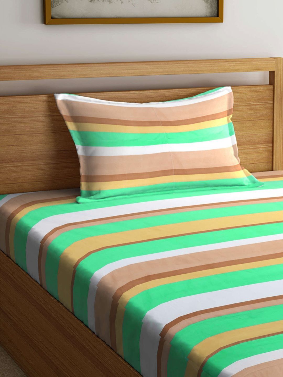 Myntra Elegant Homes Green Striped Polycotton 300 TC Single Fine Bedsheet with a Pillow Cover-89 x 59 inches