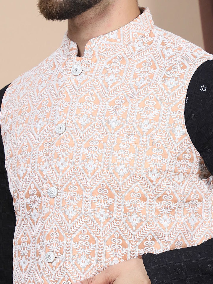 Anouk Black Floral Embroidered Pure Cotton Straight Kurta & Churidar & Nehru Jacket