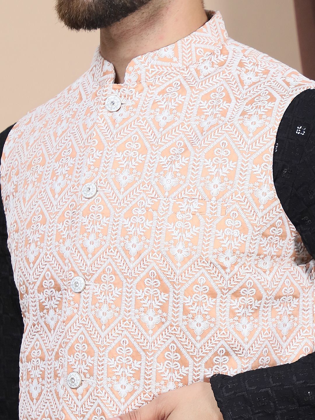 Anouk Black Floral Embroidered Pure Cotton Straight Kurta & Churidar & Nehru Jacket