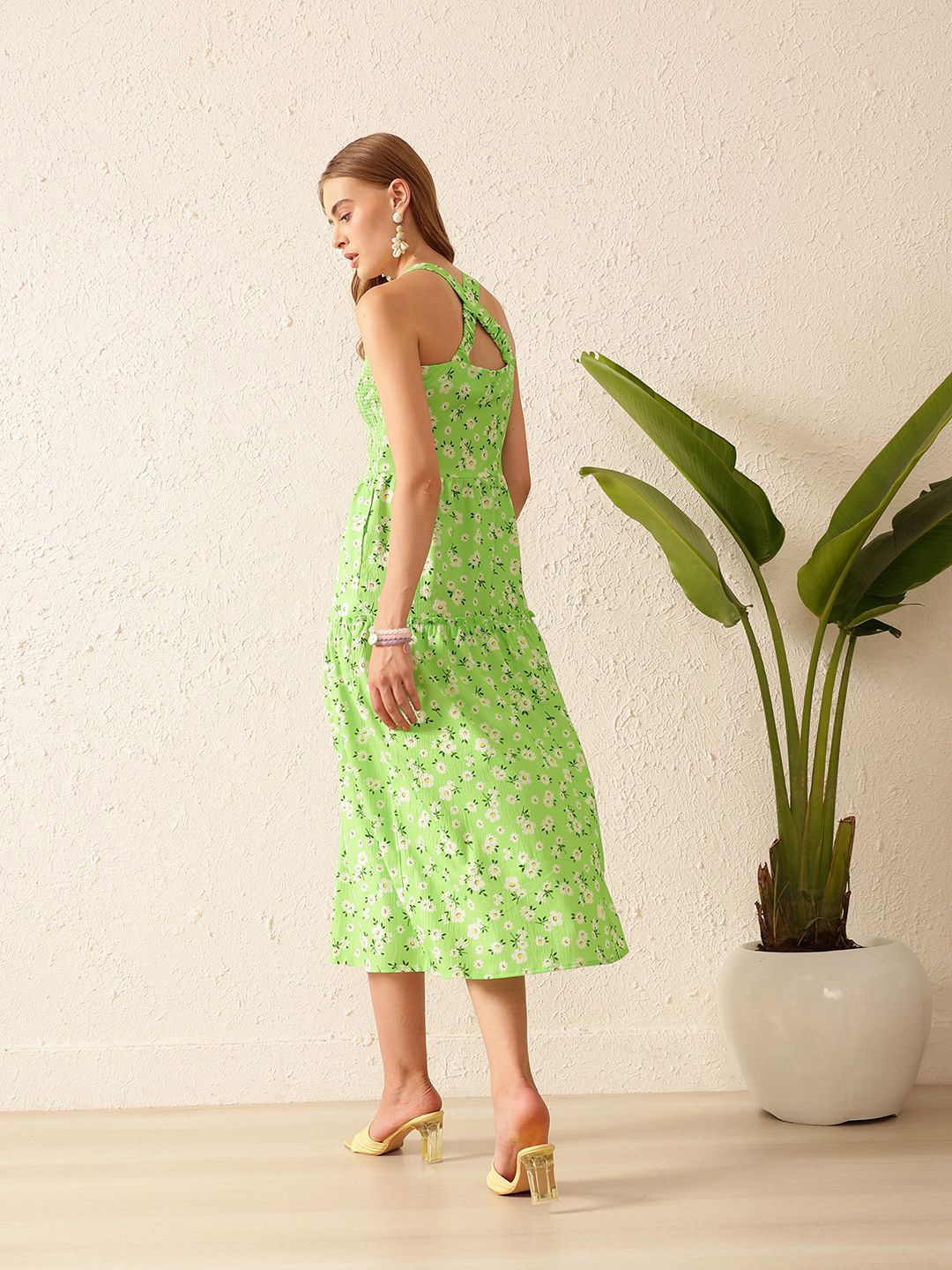 STREET 9 Floral Printed Square Neck Sleeveless A-Line Midi Dress