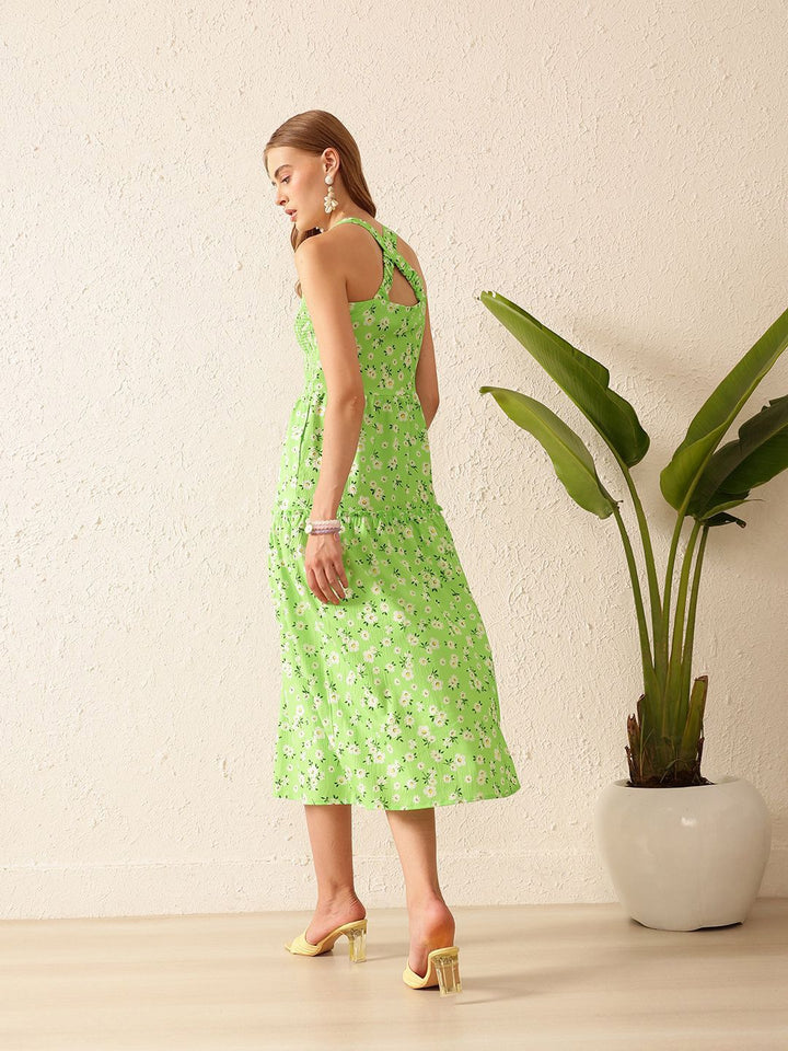 STREET 9 Floral Printed Square Neck Sleeveless A-Line Midi Dress