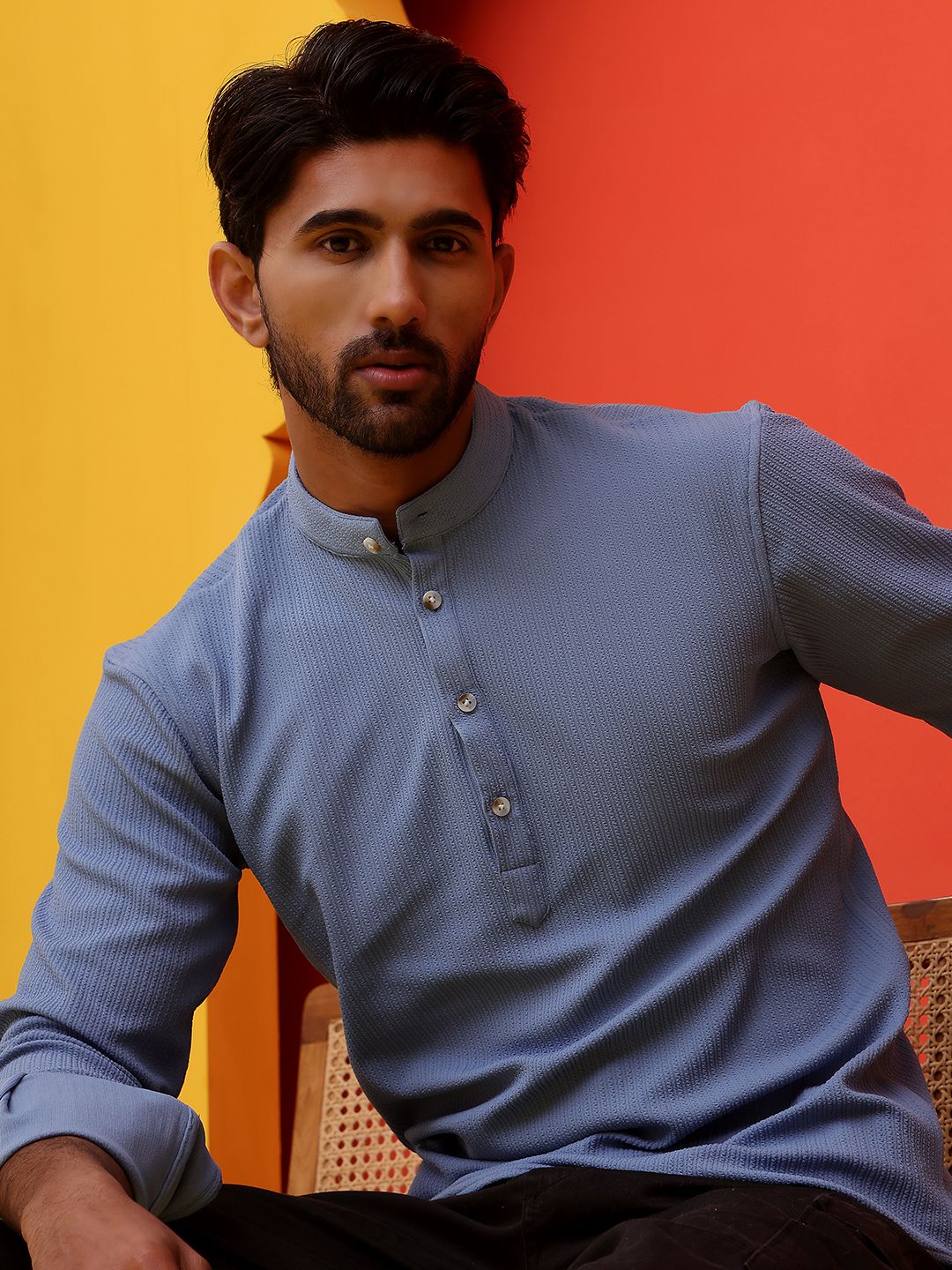 Jompers Striped Band Collar Long Roll-Up Sleeves Straight Kurta