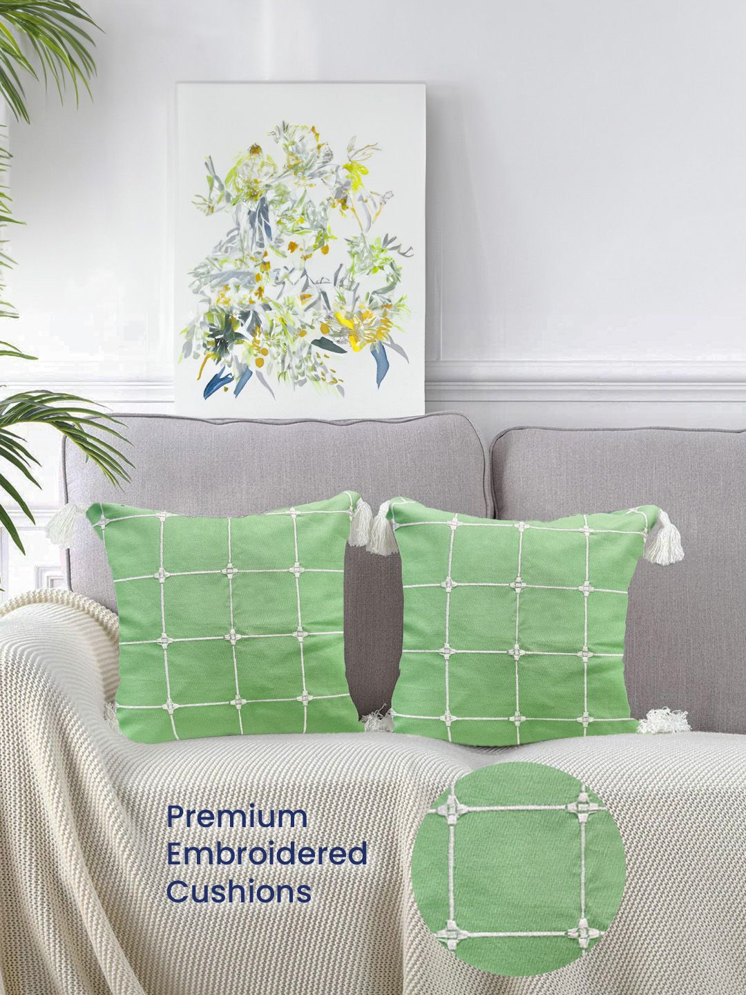 URBAN SPACE Green & White 2 Pieces Embroidered Square Cushion Covers