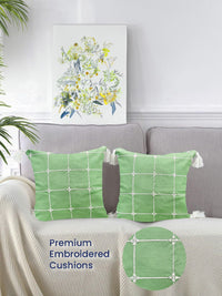 URBAN SPACE Green & White 2 Pieces Embroidered Square Cushion Covers