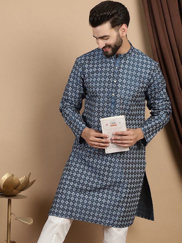 Kurta Kolar Mandarin Bercetak Anouk Teal Biru Geometrik