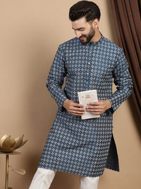 Kurta Kolar Mandarin Bercetak Anouk Teal Biru Geometrik