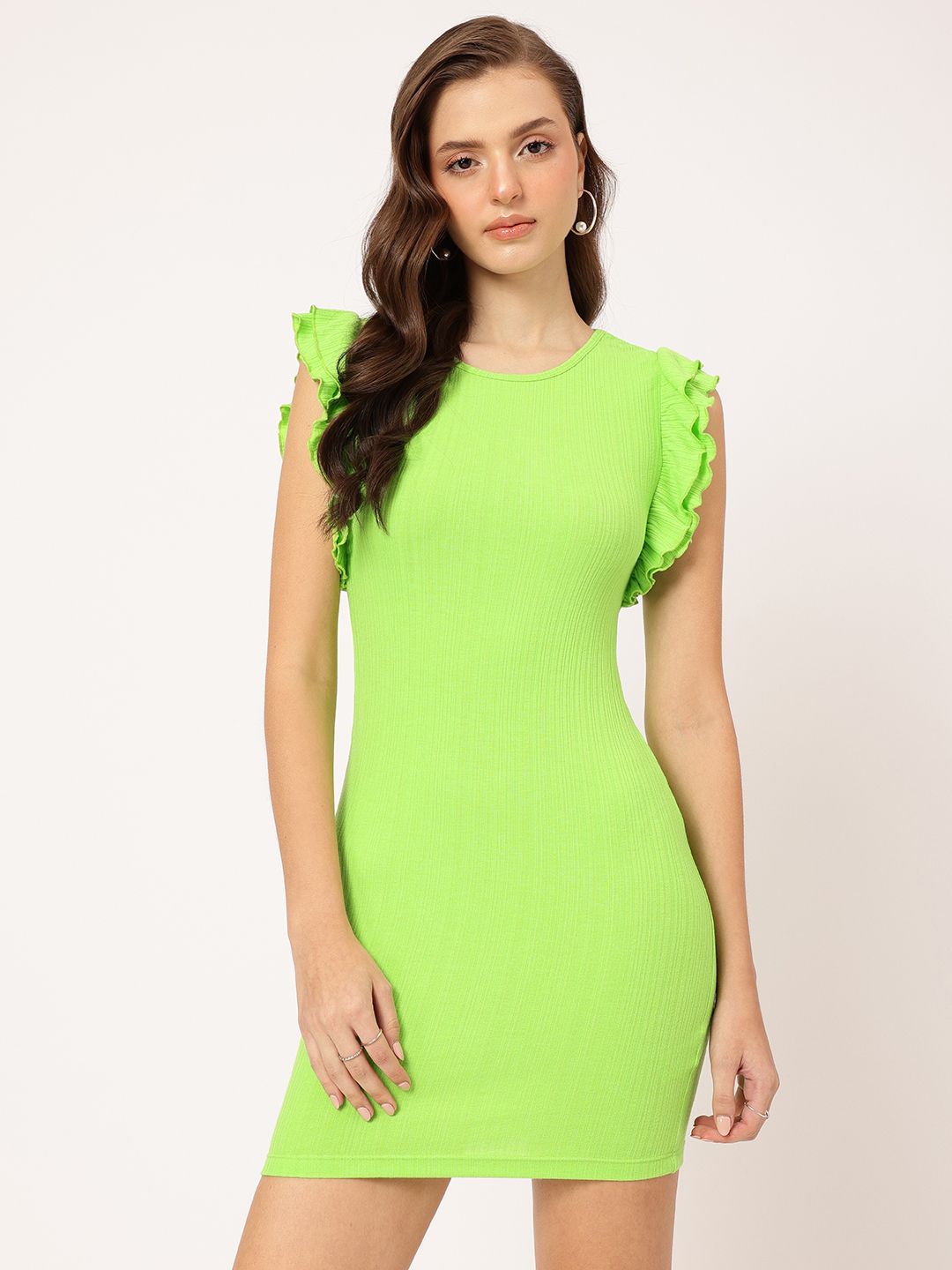 DressBerry Romantic Casual Ruffled Ribbed Mini Bodycon Dress