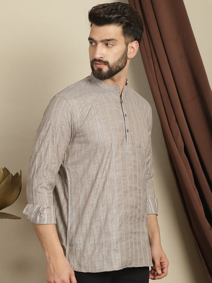 Anouk Brown Striped Woven Design Band Collar Long Sleeves Cotton Short Kurta
